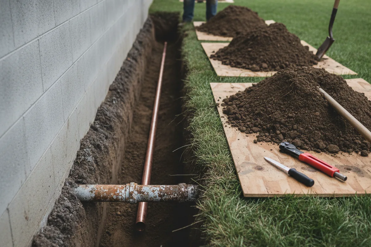 Excavated water line trench during Water Heater Repair in Simonton